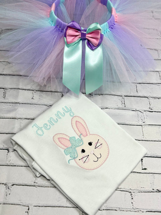 Personalized Easter bunny outfit for girls, Pastel tutu set for toddler girls, Custom embroidered bunny shirt for kids, Handmade Easter outfit for baby girl