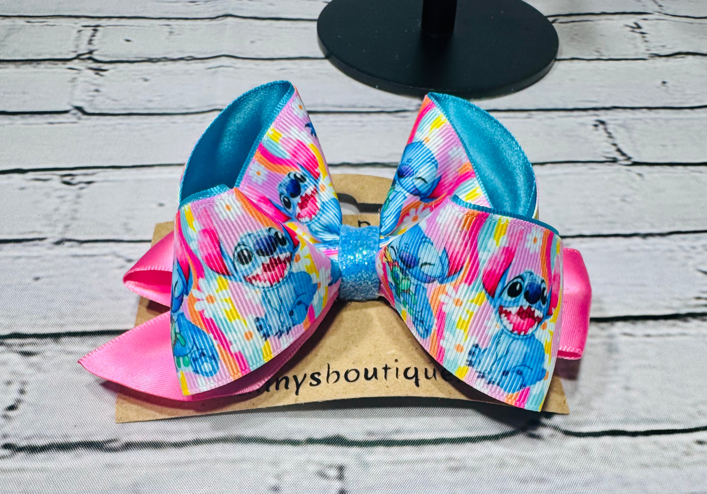 Stitch inspired rainbow hair bow,Colorful cartoon character bow for girls,Handmade Disney trip hair accessory,Large glittery bow for toddler