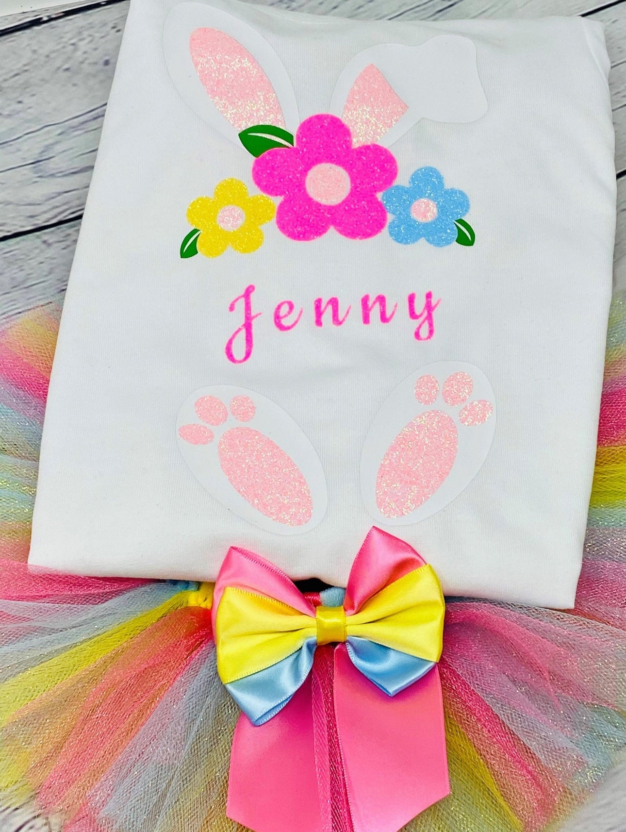 Personalized Easter bunny for Girls, Colorful Tutu and Custom Bunny Shirt for Toddlers, Glitter Bunny first Easter Outfit with Name, Personalized Rainbow Bunny Tutu Set – Custom Easter Outfit for Girls