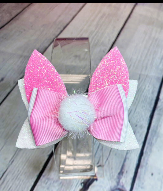 Glitter Bunny Ear Hair Bow for Girls, Handmade Pink Easter Hair Bow w Bunny Ears, Cute Sparkly Bunny Bow for Toddlers n Kids.