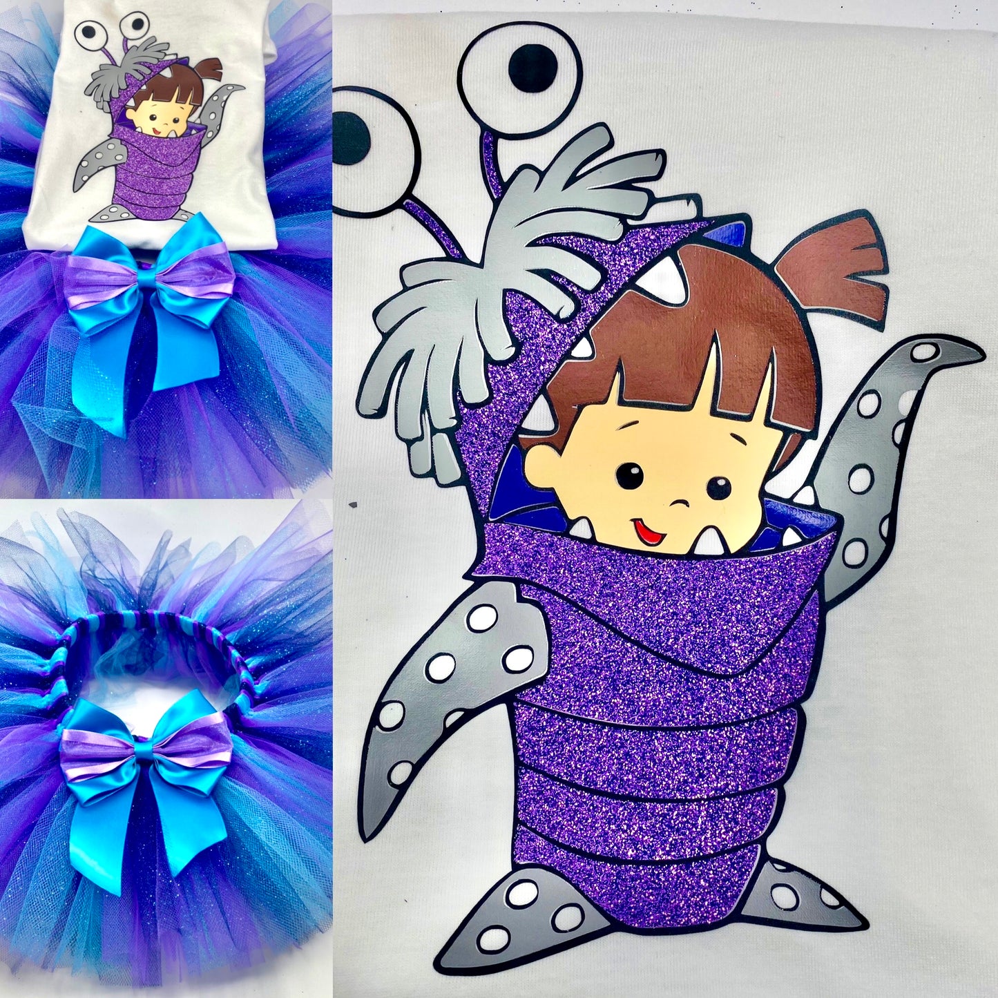 Boo Inspired Birthday Tutu Set; Monster birthday tutu outfit for girls, Purple and blue glitter monster costume for toddlers, Personalized monster girl birthday outfit,Handmade monster theme birthday set,Glitter monster costume for kids