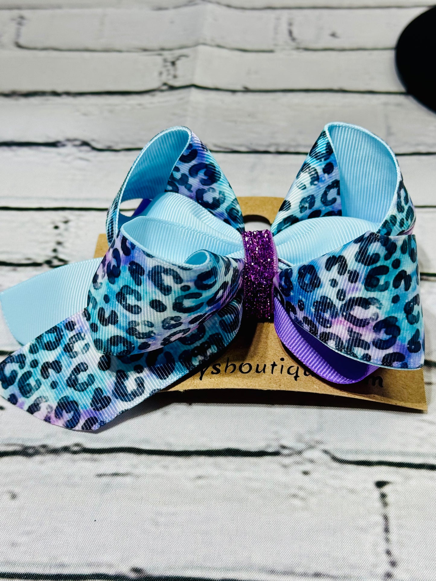 Blue and purple leopard print hair bow, Boutique handmade girls hair bow, Animal print toddler hair accessory, Sparkly purple center hair bow clip