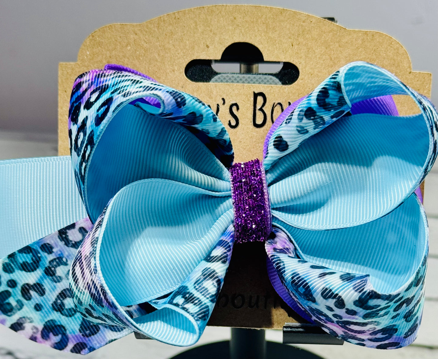Blue and purple leopard print hair bow, Boutique handmade girls hair bow, Animal print toddler hair accessory, Sparkly purple center hair bow clip