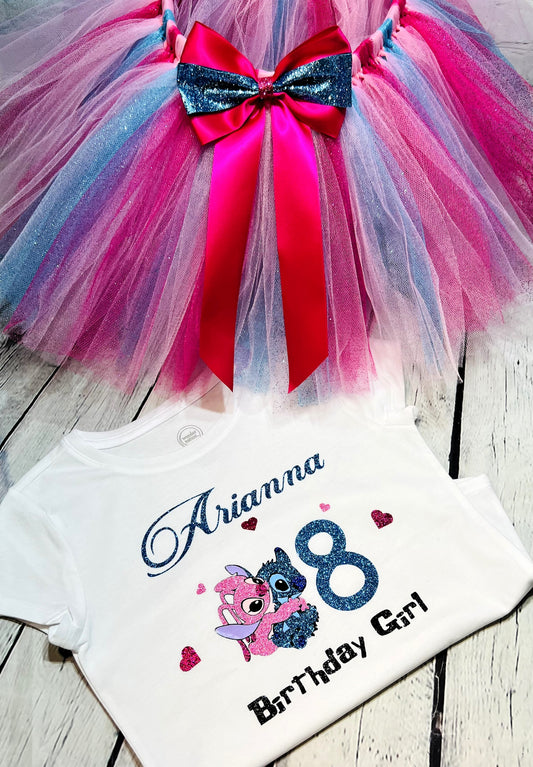 AngelNStitch Birthday outfit, Personalized toddler birthday shirt, Hawaiian monster tutu set; Stitch party set; cute Angel tutu set