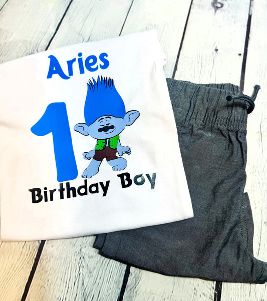 Personalized blue-haired troll birthday shirt, First birthday outfit for boys with troll theme, Custom troll party shirt with name and age, Blue and green troll birthday tee for toddlers, Funny character-inspired birthday shirt for kids