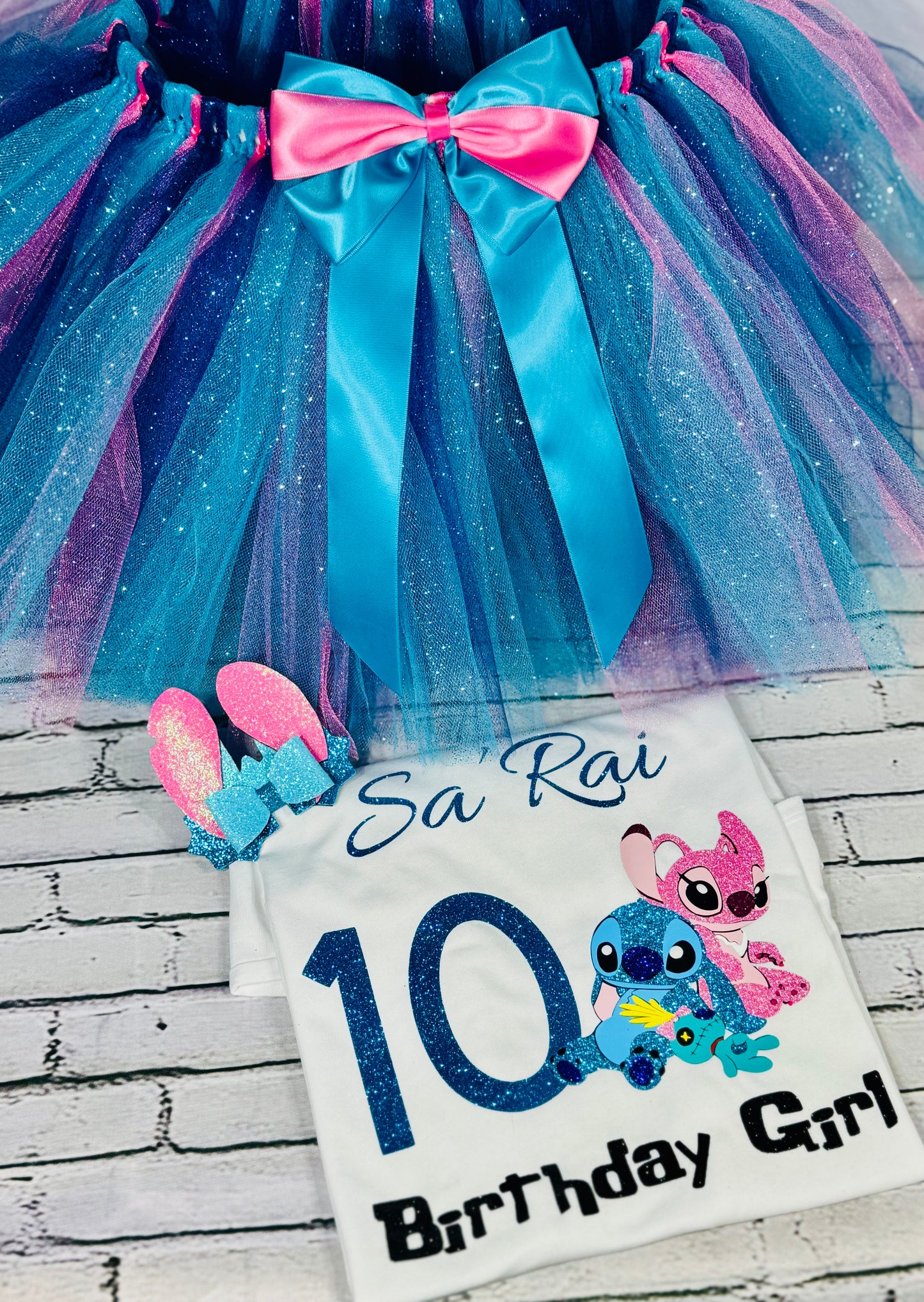 Stitch, Angel and doll birthday outfit for girls, Personalized birthday tutu set, Glittery Stitch themed birthday shirt, Girls Stitch tutu outfit
