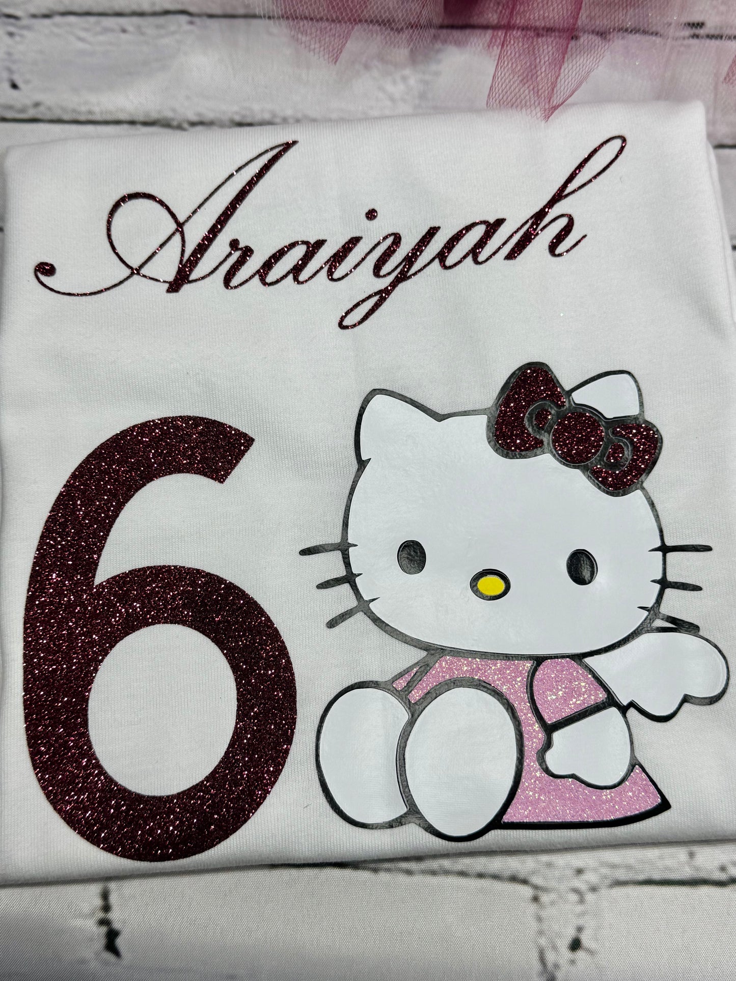 Personalized Kitty Birthday Shirt with name and age, Custom glitter birthday shirt for girls, Cute Character birthday shirt for toddlers, pink and burgundy bday outfit