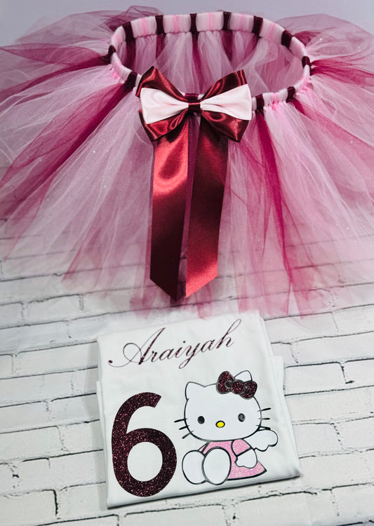 Personalized Kitty Birthday Shirt with name and age, Custom glitter birthday shirt for girls, Cute Character birthday shirt for toddlers, pink and burgundy bday outfit