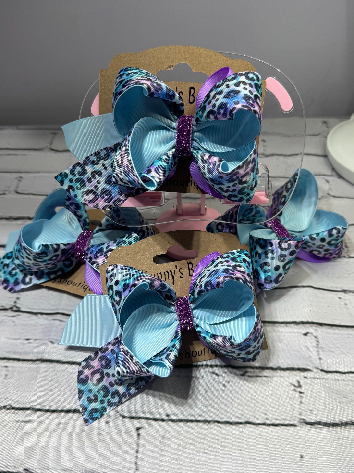 Blue and purple leopard print hair bow, Boutique handmade girls hair bow, Animal print toddler hair accessory, Sparkly purple center hair bow clip