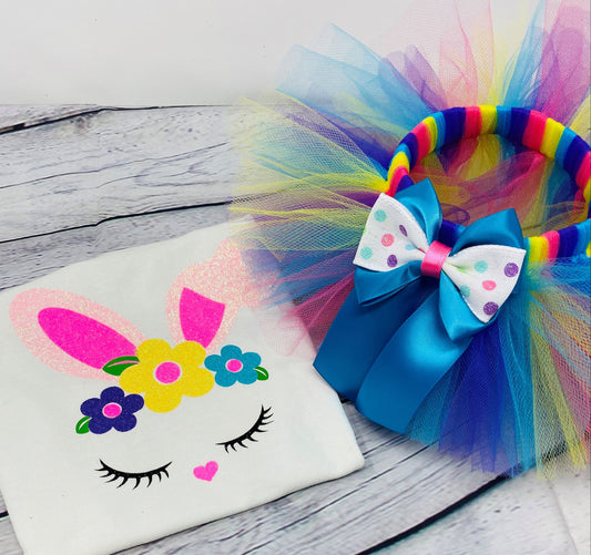 Floral Bunny Face Easter Outfit for Girls, Rainbow Tutu and Glitter Bunny Shirt Set, Cute Toddler Bunny tutu Set for Spring