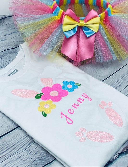 Personalized Easter bunny for Girls, Colorful Tutu and Custom Bunny Shirt for Toddlers, Glitter Bunny first Easter Outfit with Name, Personalized Rainbow Bunny Tutu Set – Custom Easter Outfit for Girls