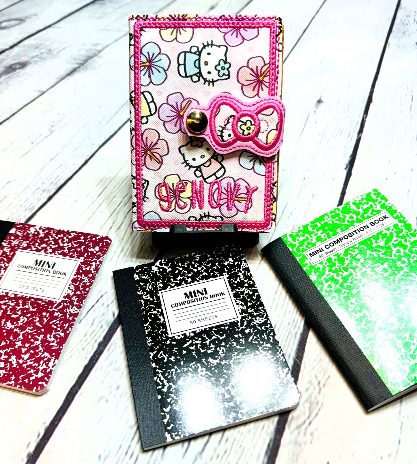 Mini Composition notebook with cover\Kitty & flowers notebook cover\personalized mini book cover\ cute kids gift\journal with bow mini cover