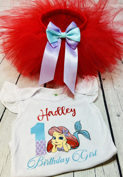 Mermaid Birthday outfit for toddlers, girls mermaid birthday tutu set; personalized mermaid birthday shirt; red mermaid tutu set