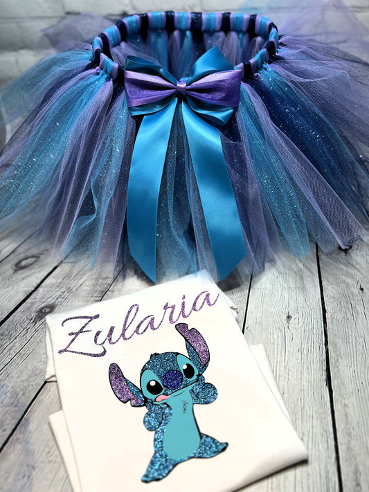 custom Stitch birthday outfit girl/personalized glitter tutu set/Stitch themed birthday outfit toddler/birthday outfit with name and character.