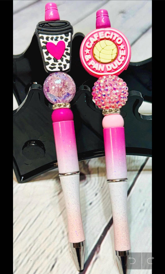 cafecito beaded pen, pan dulce beaded pen, cute glitter pen for teachers, pink ombre pen with charm, refillable twist pen gift