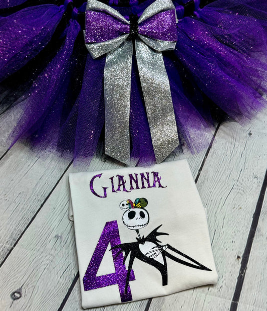 Spooky birthday outfit for girls, Purple and black tutu set for Halloween birthday,Glittery gothic birthday outfit for toddlers,Personalized spooky theme tutu for girls,Custom Halloween-inspired birthday tutu set,Handmade gothic birthday set
