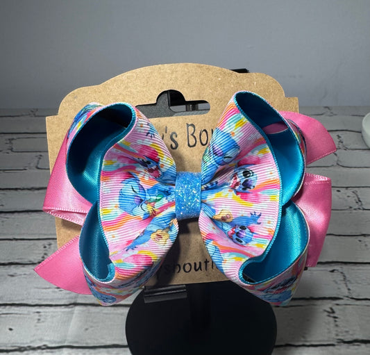 Stitch inspired rainbow hair bow,Colorful cartoon character bow for girls,Handmade Disney trip hair accessory,Large glittery bow for toddler