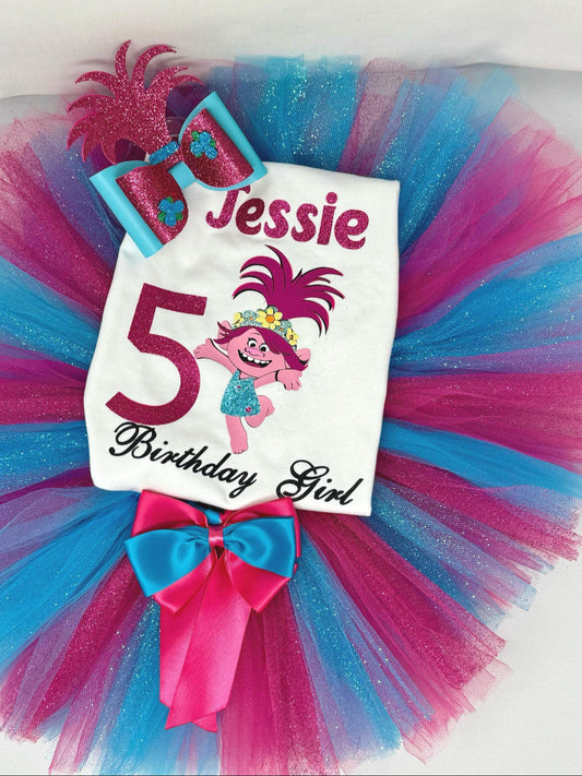 Personalized Trolls Birthday Outfit – Birthday Girl Tutu Set with Custom Name