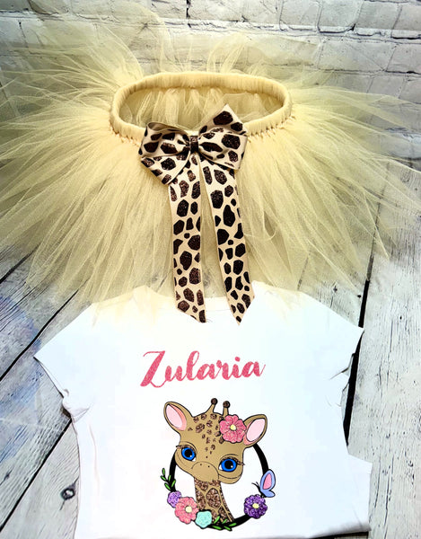 Giraffe Birthday Tutu Outfit, Giraffe print toddler outfit, Safari theme tutu, personalized tutu set