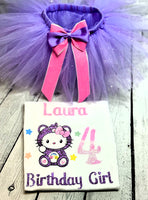 CareBear HK Birthday outfit, BearHK personalized shirt, Cute HK Bear tutu set, Purple bear bday outfit for girls, Birthday kitty bear set