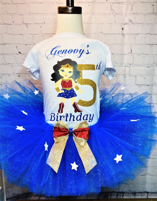 Wonder Birthday Tutu outfit/Girls Super Hero birthday outfit/Wonder woman party tutu set/Super Hero costume/wonder woman personalized Shirt
